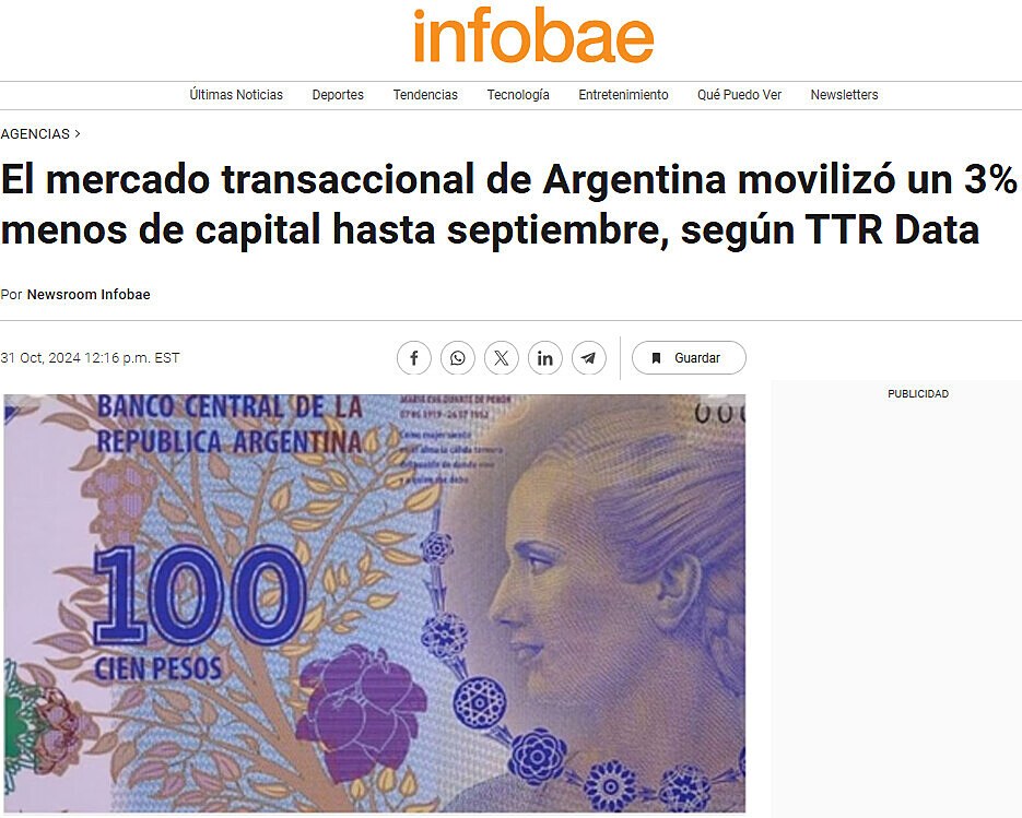 El mercado transaccional de Argentina moviliz un 3% menos de capital hasta septiembre, segn TTR Data